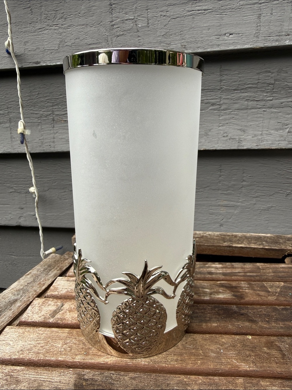 Lenox Frosted White Glass Candle Holder with Silver Pineapple Band